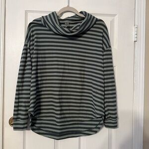 Lou & Grey Striped Cowl Neck Sweater in Sage and Charcoal